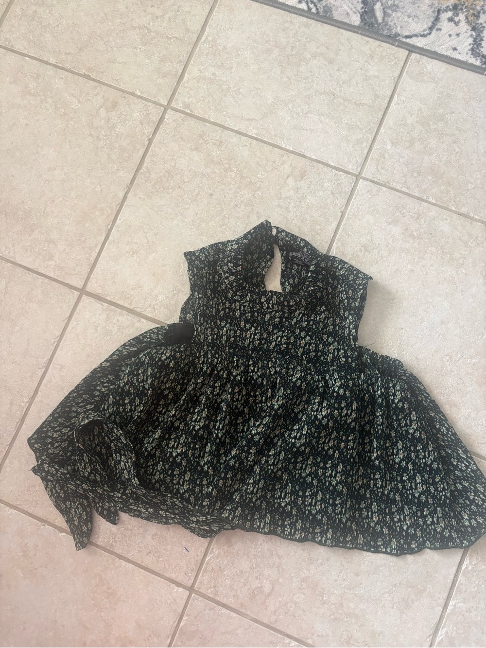 Angie Black Floral Crop Top with Green and White Print